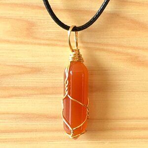 Red Agate Natural Gemstone Hexagonal Point Gold Wire Wrapped Pendant Necklace